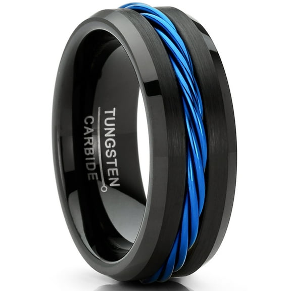 Metal Masters Mens Blue Cable Inlay Tungsten Ring Black Wedding Band 8mm