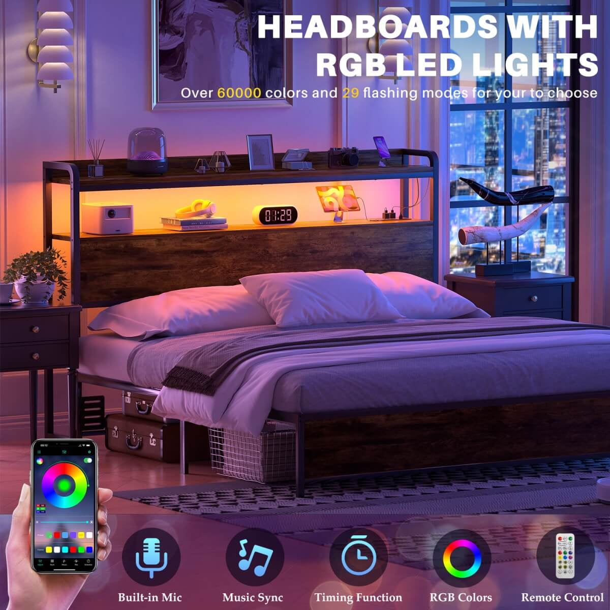 Homieasy Headboard for Full Size Bed Frame, Headboards with Outlets, USB Ports and LED Light, Head Board with Storage, Height Adjustable, Sturdy and Stable Headboard, Black Oak