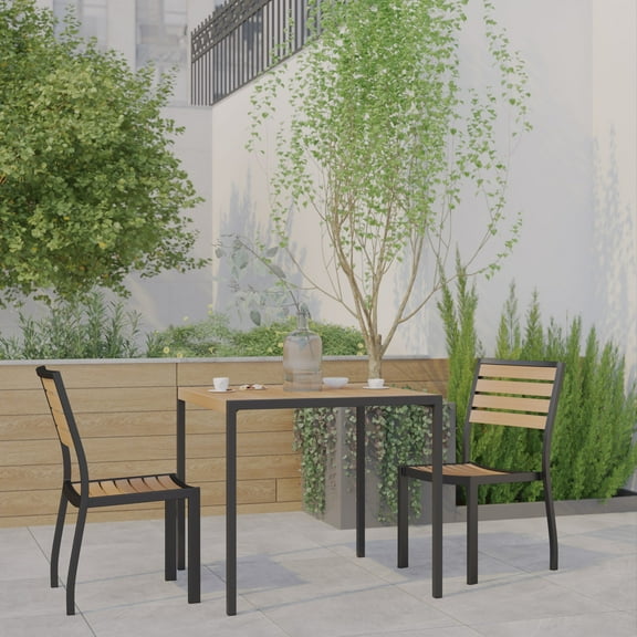 Emma   Oliver 3 Piece Patio Table Set - Synthetic Teak Poly Slats - 35" Square Steel Framed Table with 2 Faux Teak Stackable Chairs