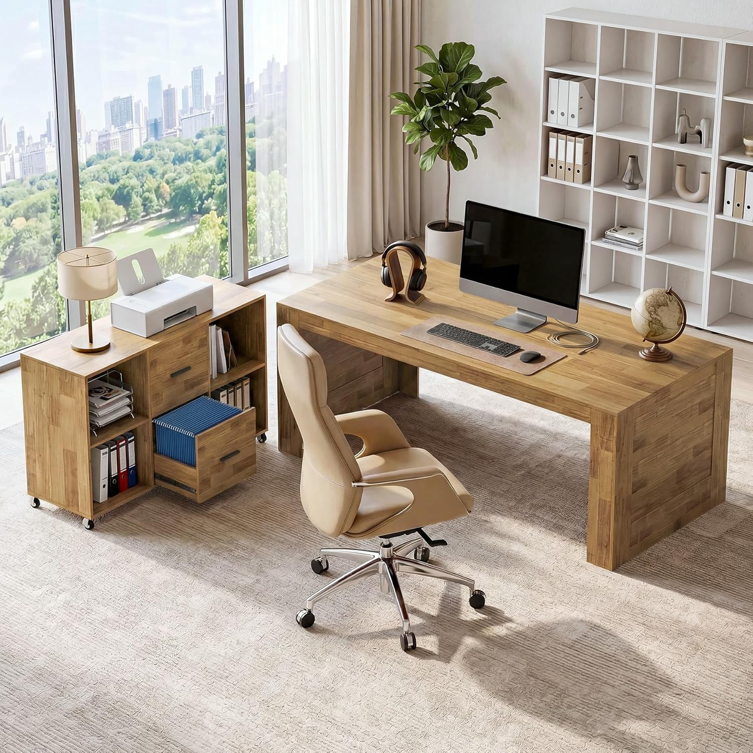 Tribesigns 63" L Shaped Desk with Storage, Executive Office Desk with Rolling File Cabinet Combo, Business Furniture Set for Home Office, Brown