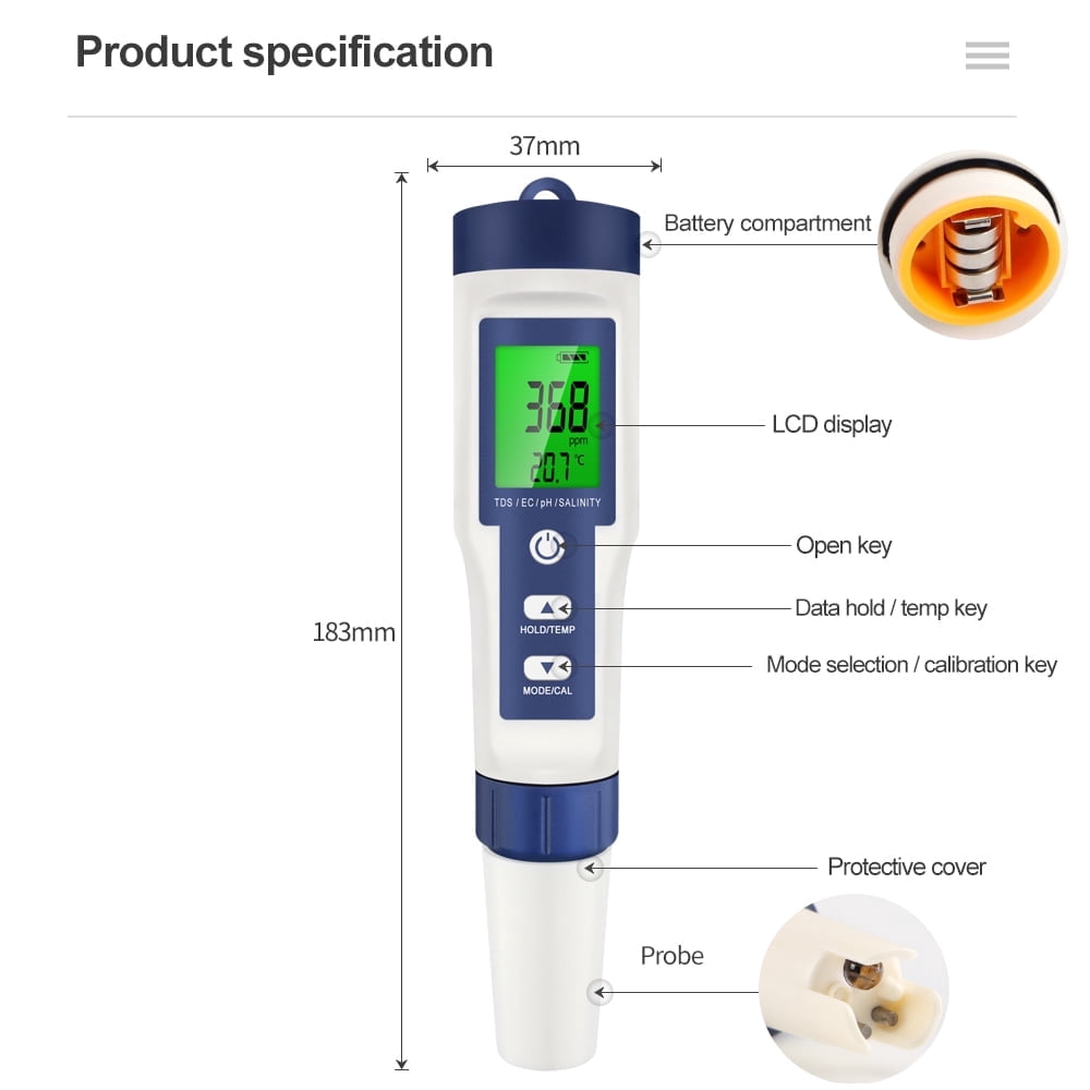 5 in 1 Tester  Pool Salt Tester & pH Meter with Temperature, Digital Meter and PH Tester for Water, PH/TDS/EC/Salinity/Temp Meter with ATC, for Household Drinking Water Hot Tub Spas Fish Tank