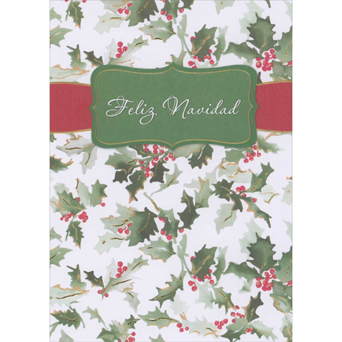 Designer Greetings Feliz Navidad Green Banner and Red Ribbon Over Holly Background Box of 18 Spanish Language Christmas Cards