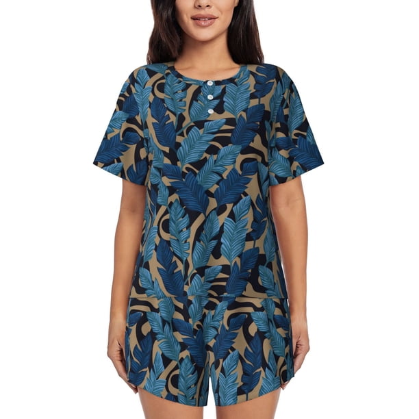 Fotbe Blue Leaves A Conjunto de Pijama Estampado para Mujer, 2 Piezas, Ropa de Dormir con Camiseta de Manga Corta y Shorts Suaves-Large