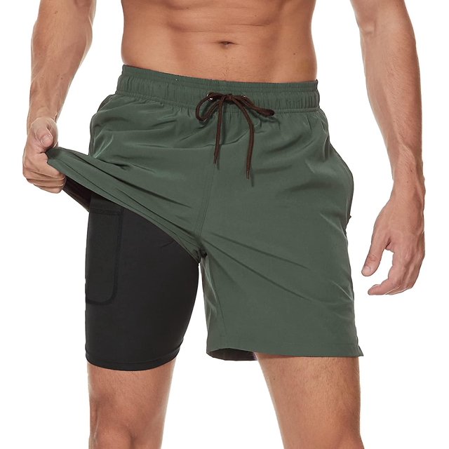 Bañador para hombre con forro de compresión 2 en 1 Bañador para hombre de secado rápido con bóxer Breve forrado para surf Pantalones cortos de playa elásticos con bolsillos con cremallera Qx