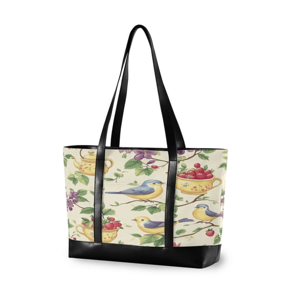 FORMRS Canvas Laptop Tote Bag for Women with 15.6" Computer Compartments Shoulder Handbag, Birds with Strawberries