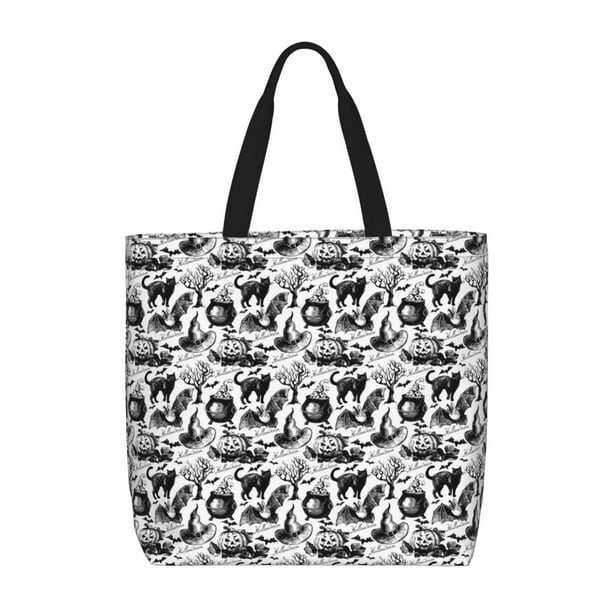 Fotbe Black White Halloween Bolsa Tote con Estampado para Mujer, Bolsos con Cremallera, Bolsa de Hombro Casual de Gran Capacidad con Bolsillos Internos