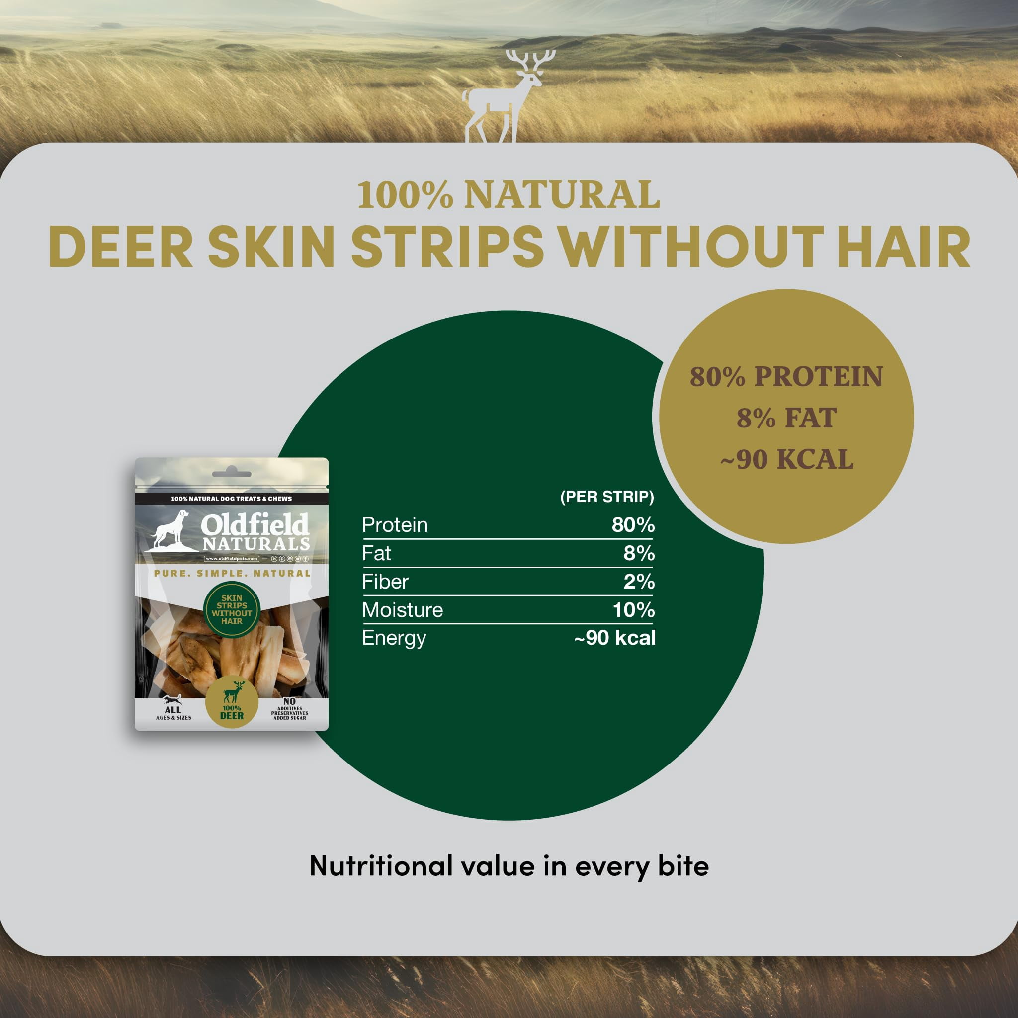 Oldfield Naturals Deer Skin Strips Dog Treats, Venison Dog Chews, Air Dried Hair-Free Deer Skin, Single Ingredient High Protein Natural Dog Chews for Sensitive Dogs, 2.2 lb