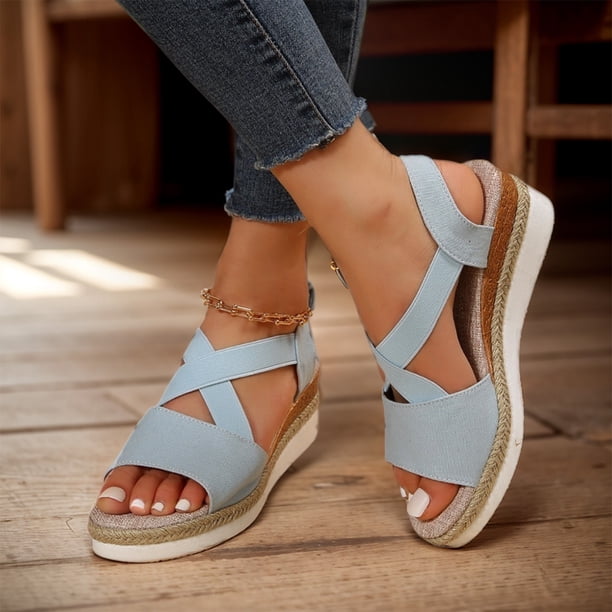 Sandalias De Cuña Para Mujer - Tela Vaquera, Suela Antideslizante, Tacón 5.5 Cm, Cómodas Para Verano Y Ocasiones Casuales