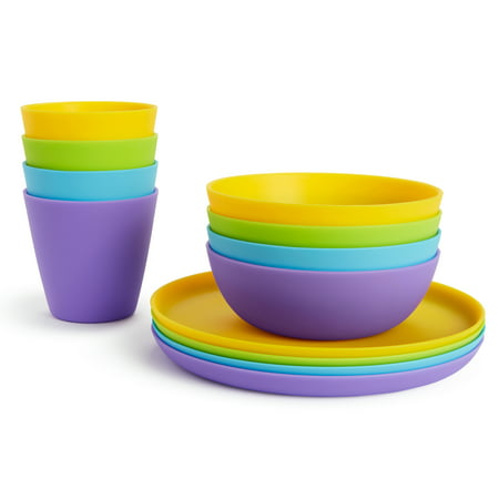 Munchkin 12 Piece Toddler Multi Dining Set, Includes (4) Bowls, (4) Plates, (4) Cups, BPA-Free and Microwave Safe, Multi-Color