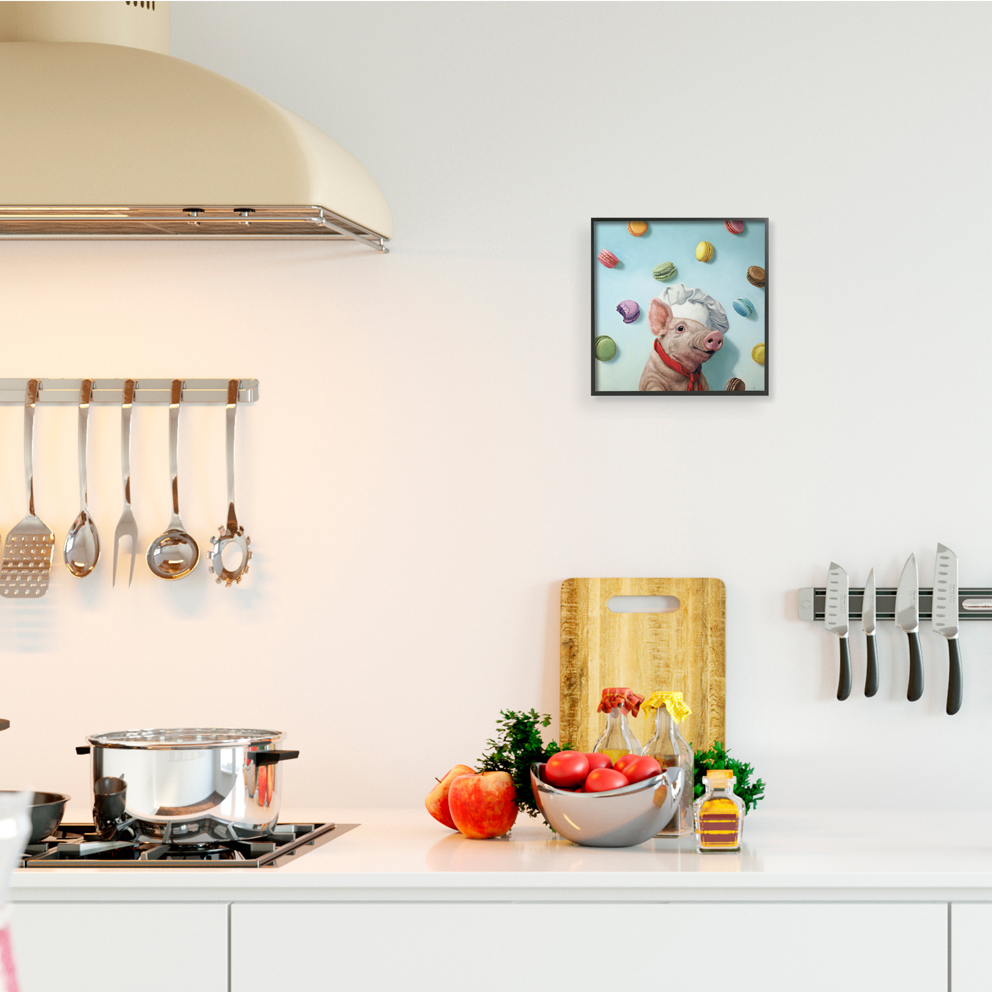 Adorable Pig Chef with Playful Macaron Pastries 12 in x 12 in Framed Painting Art Prints, by Stupell Home Décor