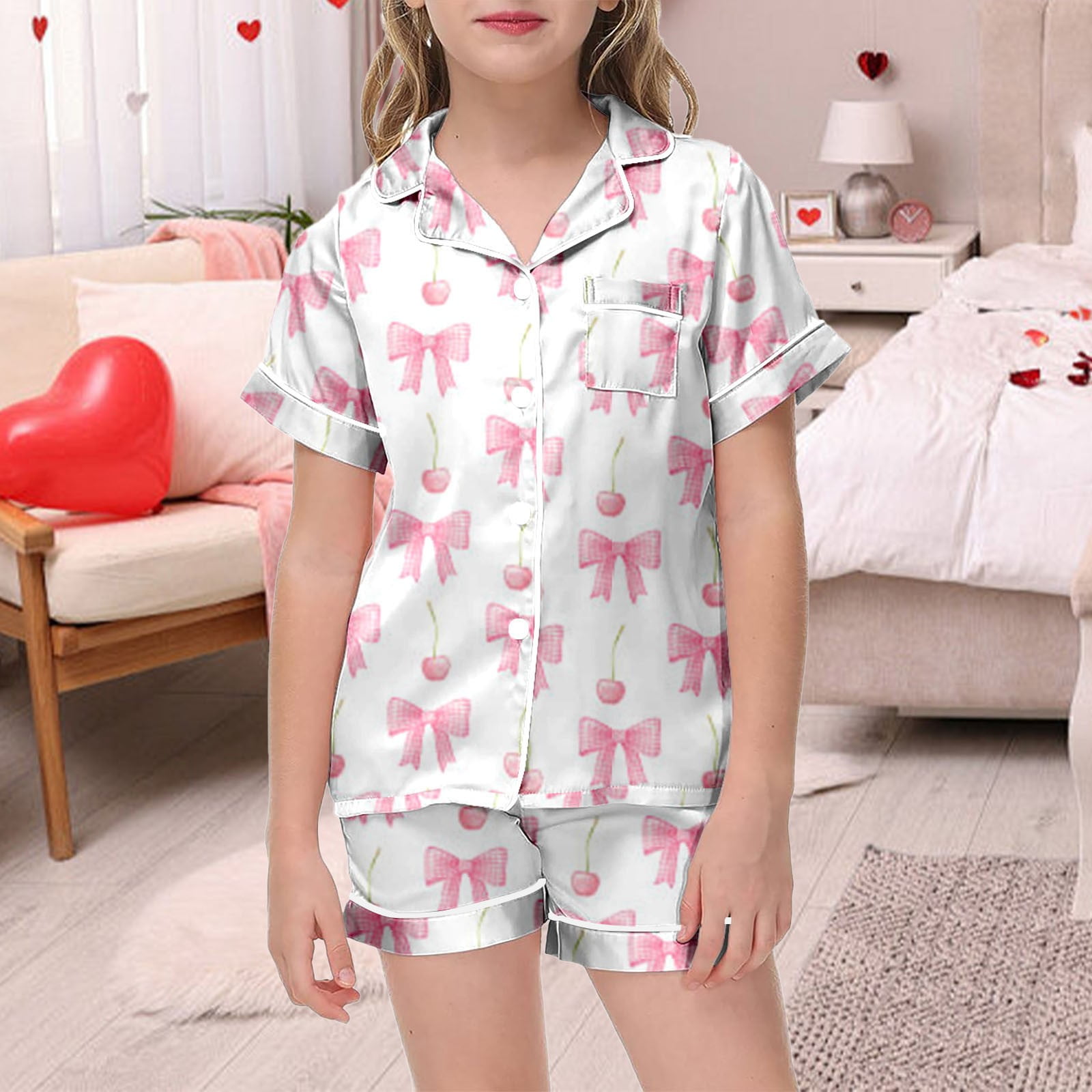Luvoko Pyjama Enfant Fille Imprimé Nœud Manches Courtes Bouton