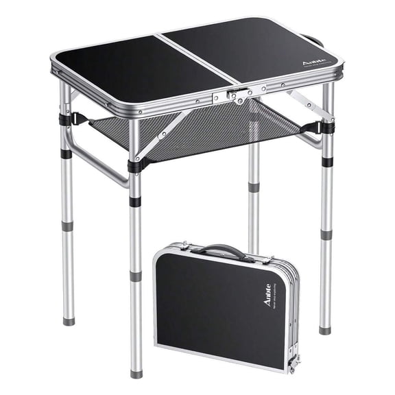 Folding Camping Table, Aluminum 24" X 16" Adjustable Height Small Folding Table With Carrying Handle, Lightweight, Portable Camping Table Waterproof For Outdoor Indoor Picnic Beach BBQ (Black)