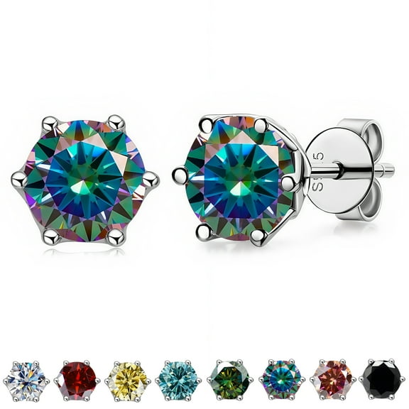 Lyee Cyee 1 Pairs 6 Prong 1 Carat Rainbow Round Shaped Moissanite Solitaire Stud Earrings in 18k White Gold Plating for Women Man