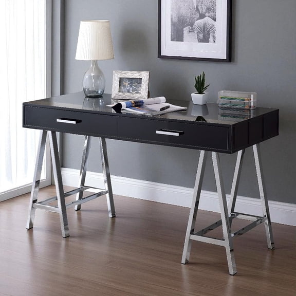 GZXS Modern Computer Desk with Charging Station and 2 Drawers, 54-Inch Rectangular Writing Desk with Chrome Metal Legs, White High Gloss Finish
