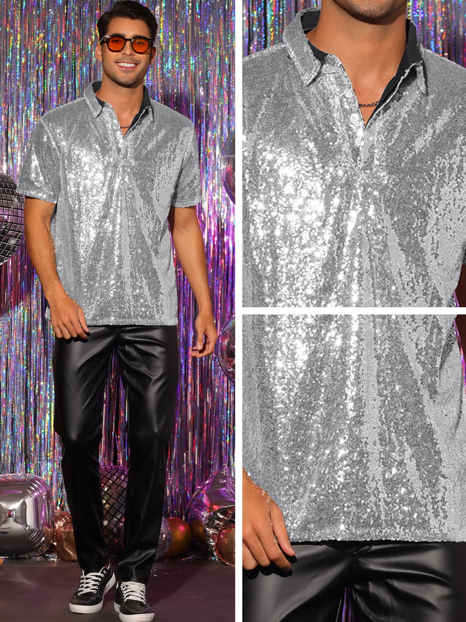 Unique Bargains Men's Sequin Polo Sparkle Short Sleeves Club Party Shiny Golf Shirts 2XL Silver
