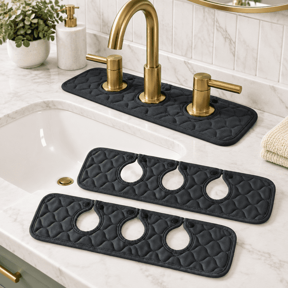 Black & Black 3-Round-Hole Bathroom Sink Splash Guard Faucet Mat