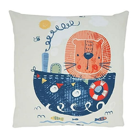 Fennco Styles Cute Sailor Lion Print Decorative Filled Throw Pillow 16" W x 16" L - Multicolored Cushion for Kids Room, Playroom, Bedroom, Living Room, Nursery, Office Décor
