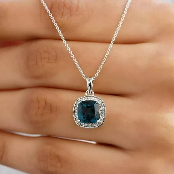 2Ct Cushion Cut Lab-Created London Blue Topaz Pendant 14K White Gold Plated