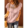 thumbnail image 2 of ABPHQTO Camiseta de manga corta con volantes y empalme de encaje rosa para mujer, 2 of 5
