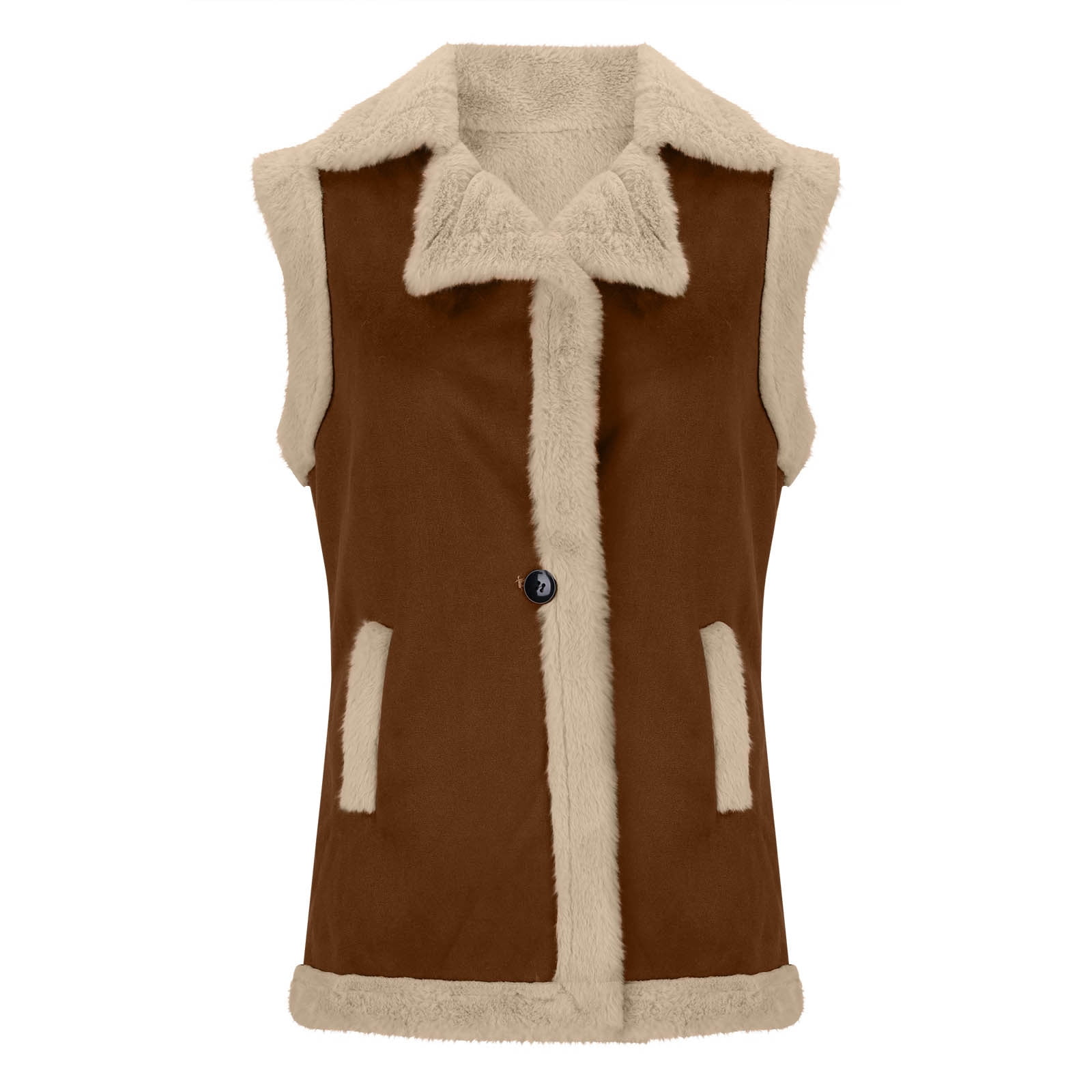 Sokhug Women's Sherpa Faux Leather Vest Jacket Winter Warm Sleeveless Coat with Pockets, Khaki