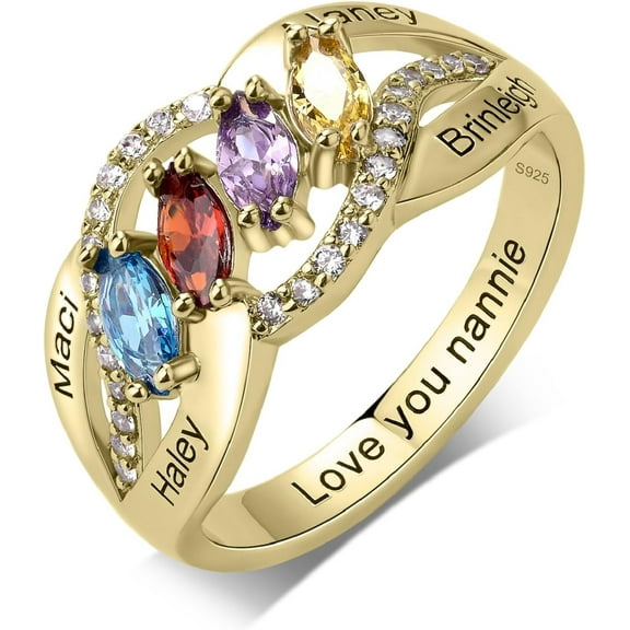 S925 Sterling Silver Mothers Rings with 4 Birthstones and Names Personalized Birthstones Ring for Mother Custom Engraved Family Rings for Women