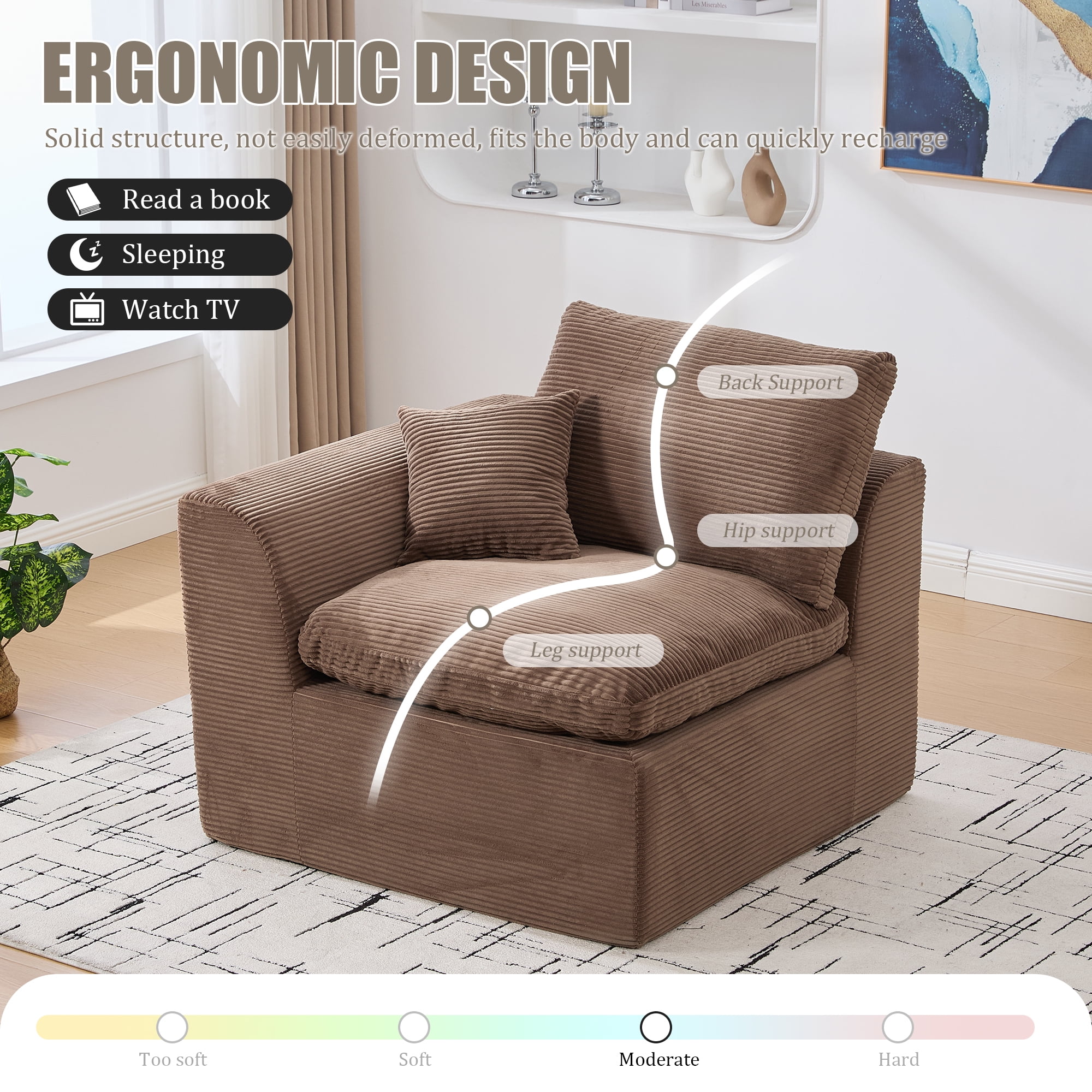 MOONMISS 80.3" Oversized Modular Sofa, Upholstered Corduroy 2 Seat Deep Seat Cloud Couch for Living Room Bedroom, No Assembly Required,Brown
