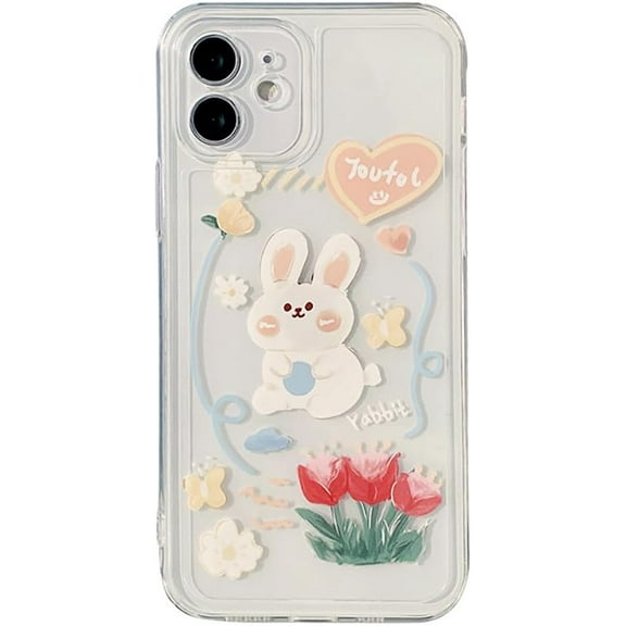 Cute Rabbit Flower Love Heart Clear Soft for iPhone Case (Clear,iPhone 12 Mini)
