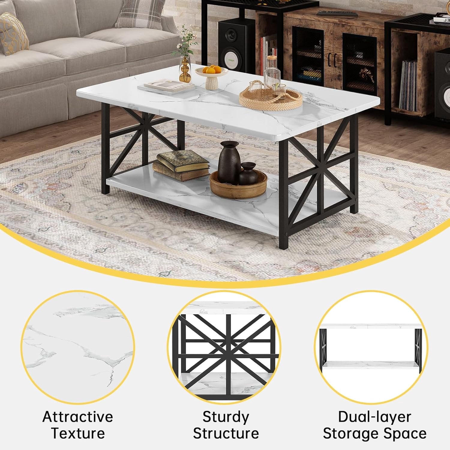 MIERES Marble-Effect Coffee Table, Rectangular Solid Wood Coffee Table, Living Room Center Table, Coffee Table with Storage Shelf, Suitable for Living Rooms, Offices, Apartments, WHite