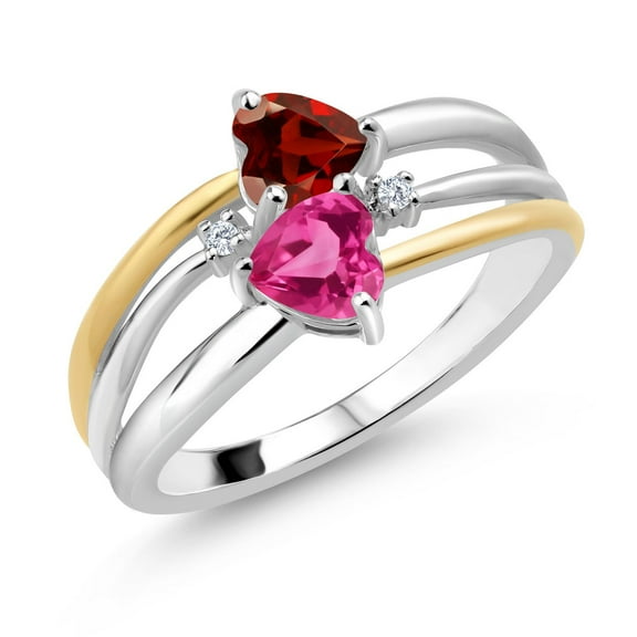 Gem Stone King 925 Silver and 10K Yellow Gold Red Garnet and Pink Created Sapphire and White Lab Grown Diamond Band Ring for Women (1.22 Cttw, Gemstone January Birthstone, Heart Shape 5MM, Size 6)