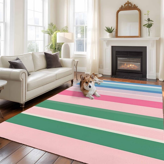 6'x9' Area Rugs, Pink Green Blue Stripe Indoor Outdoor Area Rug for Living Room Bedroom, Farmhouse Stripes Contemporary Washable Bathroom Rugs Kitchen Floor Carpet Mats Home Decor Aesthetic
