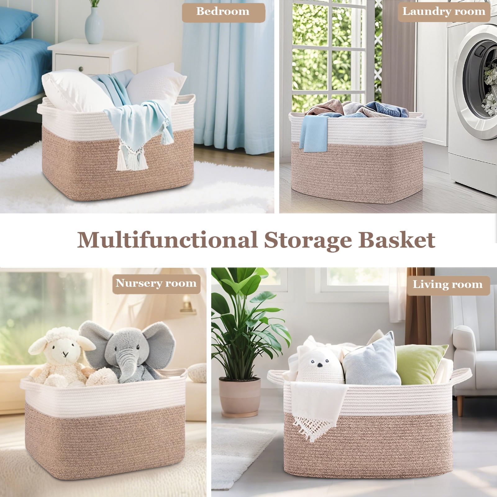 VeluraHome 50L Large Blanket Basket,Rectangle Storage Baskets for Storage,Cotton Rope Woven Storage Basket