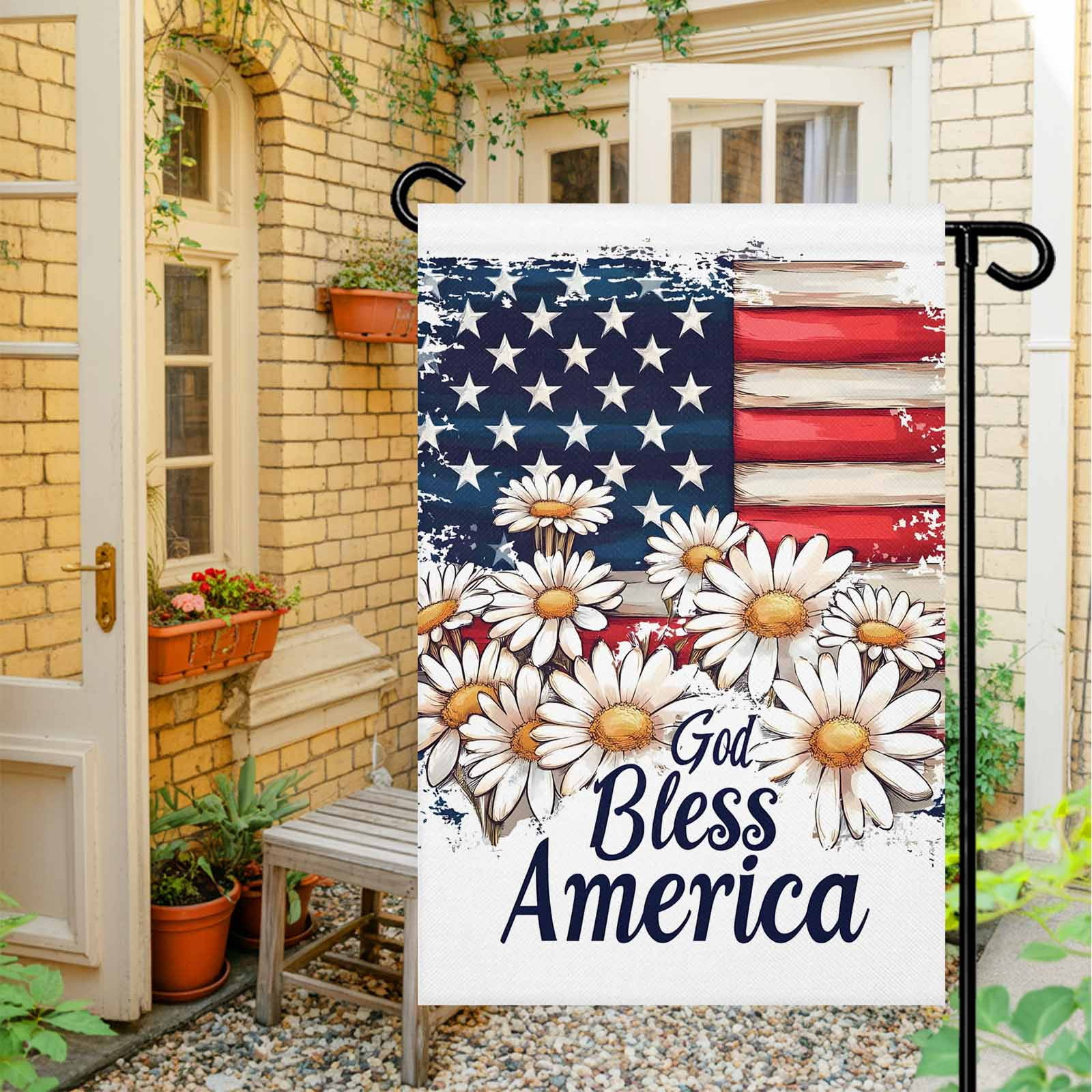 4th of July Garden Flags Retro Patriotic USA Flag Garden Flag Double Sided Welcome Flag Daisy Floral Independence Day Yard Flags for Outdoor Lawn Porch Memorial Day Seasonal Holiday Decor 28x40 Inch