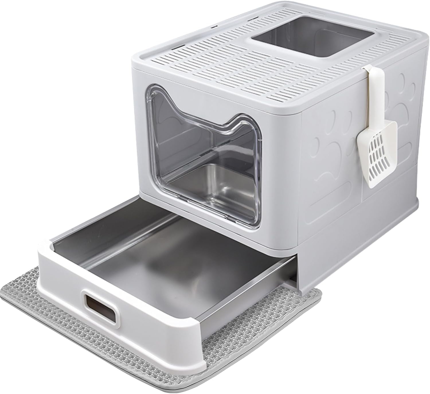 WIN4ALL Stainless Steel Cat Litter Box With Lid - Extra Large 24x16x12 Inches, High-Sided Enclosed Pan, Grey