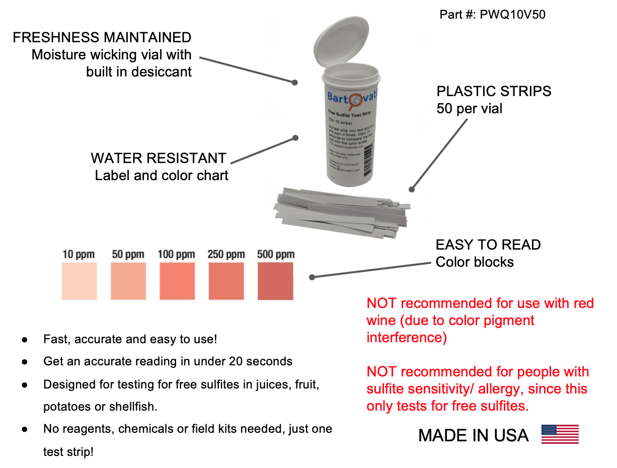 Free Sulfite Test Strips, 10-500 ppm [Vial of 50 Plastic Strips]