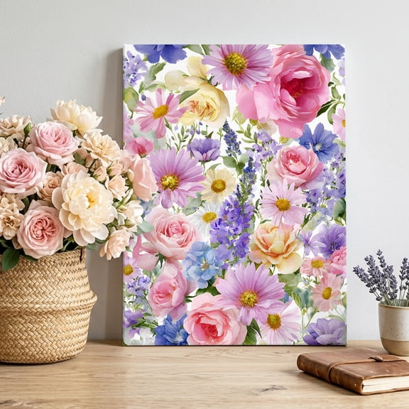 Canvas Wall Art Flowers Canvas Art Print Spring Field Watercolor Colored Floral Pictures Wall Decor for Living Room Bedroom Artwork Decorations Stretched Framed Ready to Hang 8"x10"