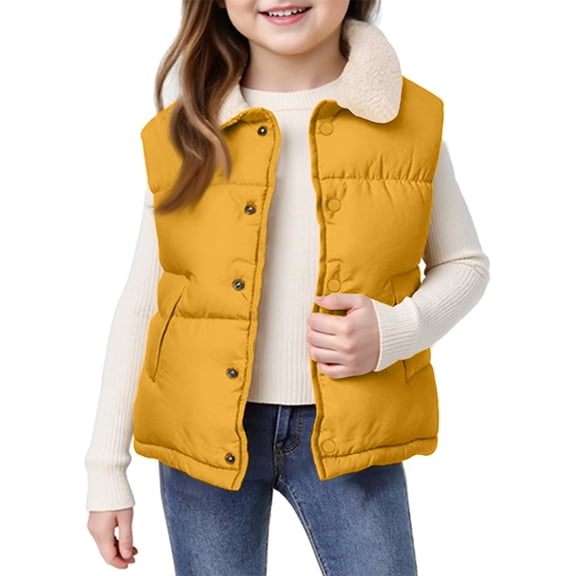 dgysar Girls Stand Collar Vest, Short Sleeveless Quilted Puffer Jacket, Stylish Layering Piece for School & Fall. 120Yellow