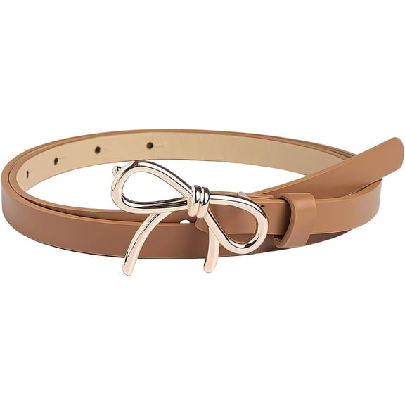 0.5 Inch Width PU Leather Waist Band with Gold Alloy Bowknot Buckle Skinny Waist Belt Brown Adjustable Thin Elegantes Leather Belt Strap Slim for Women Ladies Dresses Jeans Pants