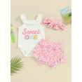 thumbnail image 2 of Bslissey Baby Girls Shorts Sets Letter Print Frills Sleeveless Sling Romper + Candy Bar Print Shorts + Headband 3M 6M 12M 18M Newborn Infant Cute Summer 3Pcs Outfits, 2 of 8