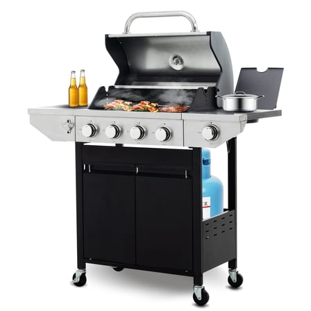 4 Burner Propane BBQ Grill with Side Burner, 46,790 BTU Stainless Steel for Outdoor Kitchen, Patio, and Garden Cooking