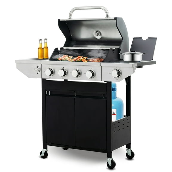 4 Burner Propane BBQ Grill with Side Burner, 46,790 BTU Stainless Steel for Outdoor Kitchen, Patio, and Garden Cooking