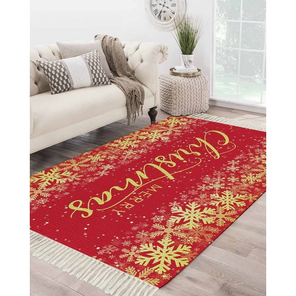 Merry Christmas Area Rug 3x5ft Woven Runner Rug,Winter Snowflake Xmas Aesthetic Red Washable Living Room Hallway Bedroom Kitchen Carpet with Tassels,Indoor Outdoor Throw Door Mat for Entryway