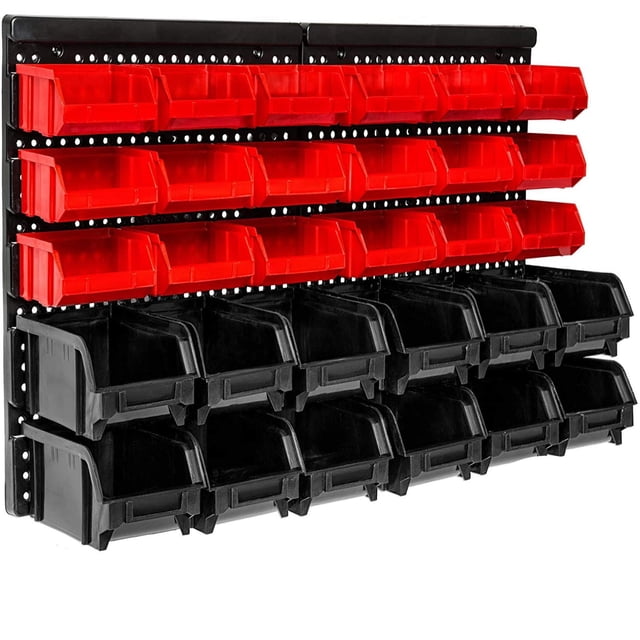 Wision Wall Mounted Storage Bins 30 Wall Mount Tool Organizer Bins Plastic Parts Rack Container Easy Access Compartments For Tools Hardware Crafts Office Supplies And More Blackred