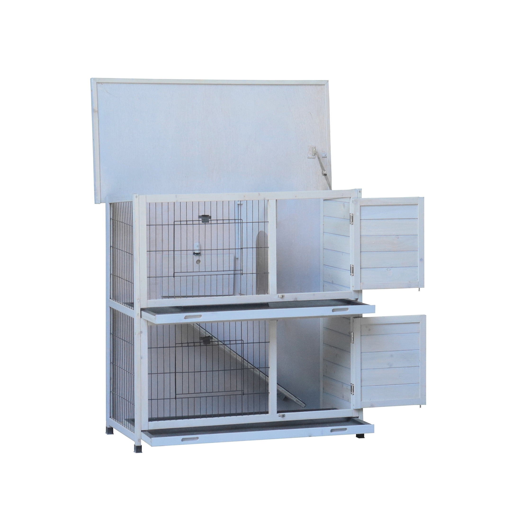 JERFIT Outdoor Rabbit Hutch with Run, 2-Story Wooden Bunny Cage with Waterproof Roof, 2 Pull-Out Trays, No-Slip Ramp for Rabbits & Small Animals