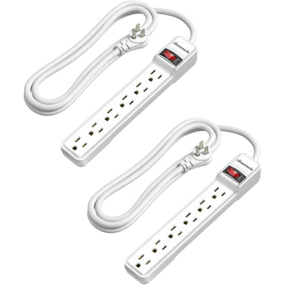2-Pack 6-Outlet Power Strip Sur Protector with 6Ft Long Extension Cord Low Profile Flat Plug 15 Amp Circuit Breaker 500 Joules Wall Mount White UL Listed