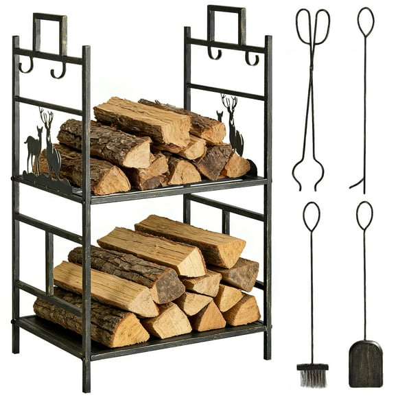 Outsunny 2-Layer Heavy Duty Firewood Rack Wood Log Fireplace Stacker w/ 4 Tools, Black and Gold