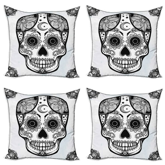 Ambesonne Sugar Skull Throw Pillow Cover 4 Pack, Hispanic Art Mascot, 24", White and Black