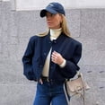 thumbnail image 3 of Stand Collar Double Pocket Solid Color Motorcycle Bomber Jacket Top Women-Dark Blue-S, 3 of 7