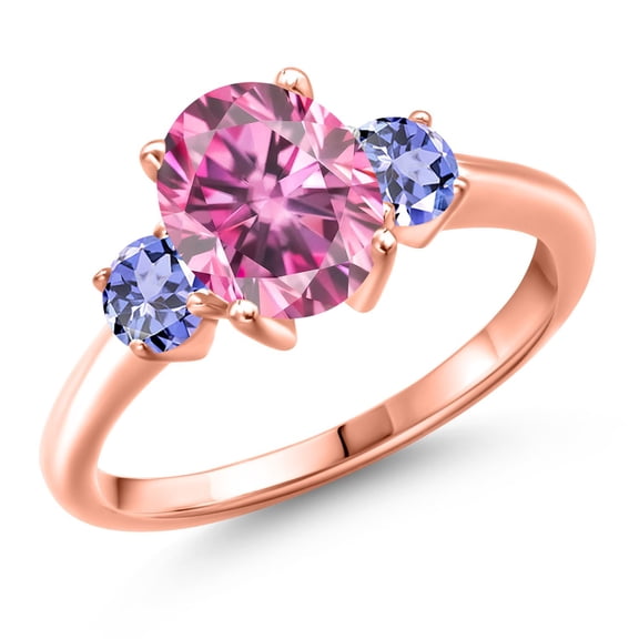 Gem Stone King 18K Rose Gold Plated Silver Pink Moissanite and Blue Tanzanite Engagement Ring for Women | 2.60 Cttw | Oval 9X7MM | Gemstone Birthstone | Size 7