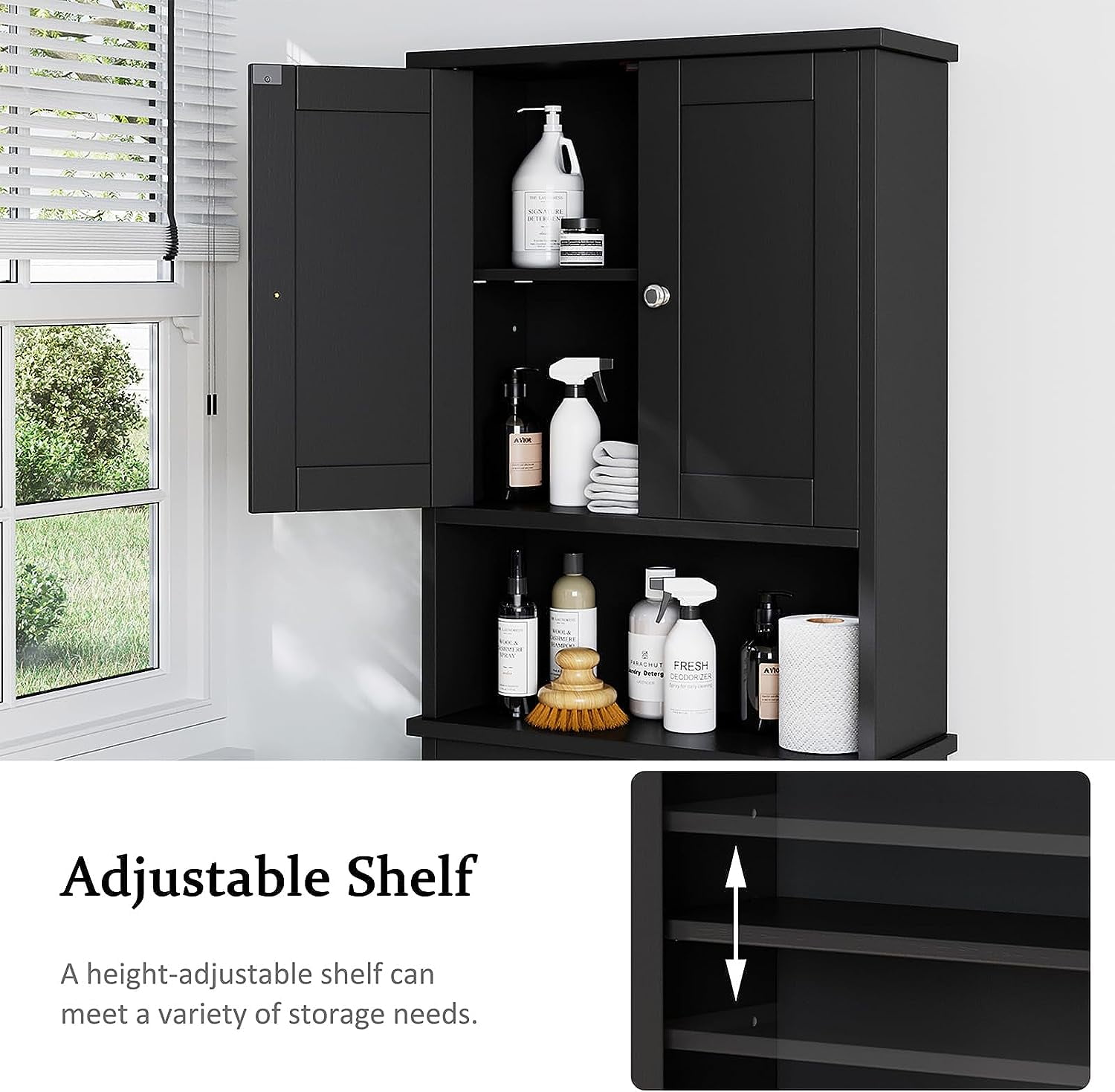 Sobaniilo Over The Toilet Storage Cabinet, Bathroom Storage Organizer Over Toilet, Space Saver W/Adjustable Shelf & Open Storage Shelf, Black