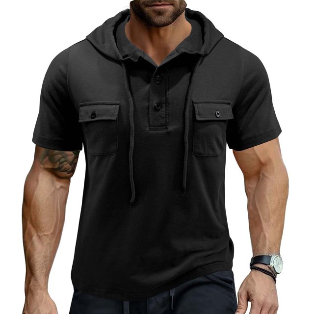 EOYWHK Athletic Mens Tops Retro Basic Muscle Shirt Button Up Hooded T-Shirt Lightweight Quick Drying Workout Hoodie with Pockets Hottest